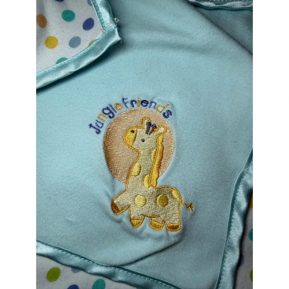 Small Wonders Blue Polka Dot Giraffe Jungle Friend Satin Trim Baby Blanket Cotto